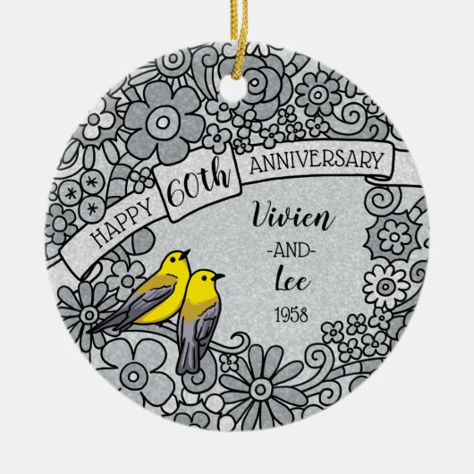 Aangepaste 60e Jubileum Diamond Floral Birds Keramisch Ornament (Voorkant)