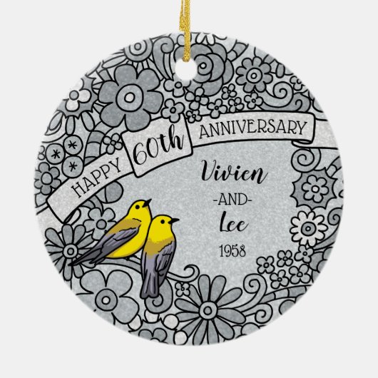 Aangepaste 60e Jubileum Diamond Floral Birds Keramisch Ornament (Achterkant)