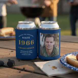Aangepaste 60e verjaardag Blauw Goud Met Foto Blikjeskoeler