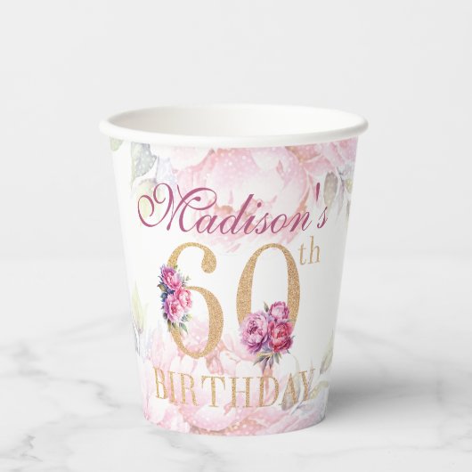 Aangepaste 60e verjaardag Floral Pink Gold Glitter Papieren Bekers (Voorkant)