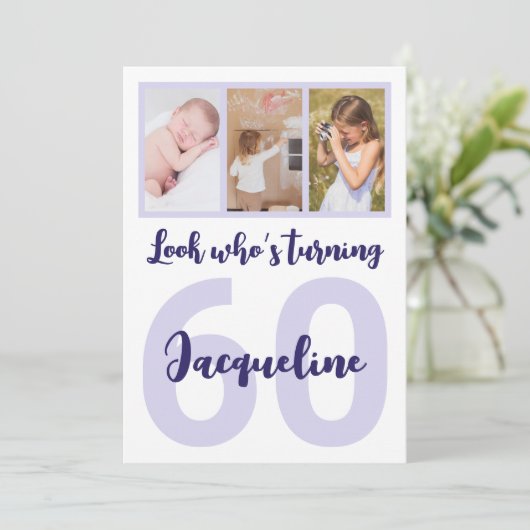 Aangepaste 60e Verjaardag Paarse Script Fotocollag Kaart (Staand voorkant)
