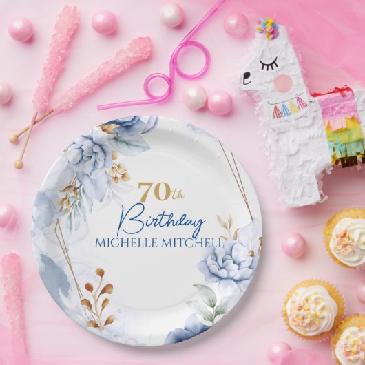 Aangepaste 70e verjaardag blauw goud papieren bordje (Feest)