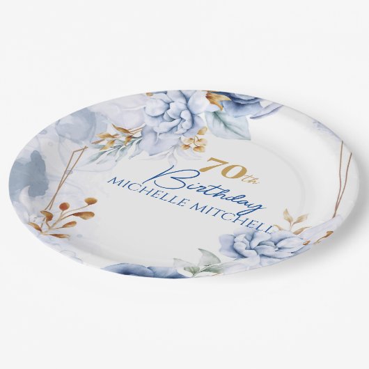 Aangepaste 70e verjaardag blauw goud papieren bordje (Gekanteld)