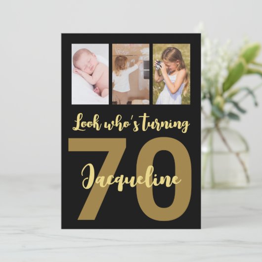 Aangepaste 70e verjaardag Gouden moderne fotocolla Kaart (Staand voorkant)