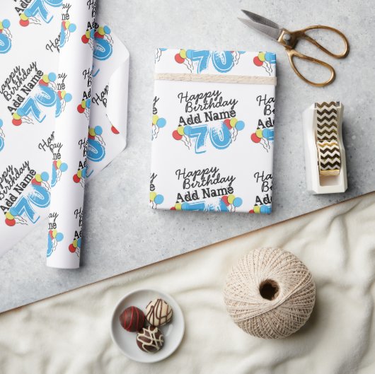 Aangepaste 70e verjaardag Naam toevoegen Blauw Cadeaupapier (Crafts)