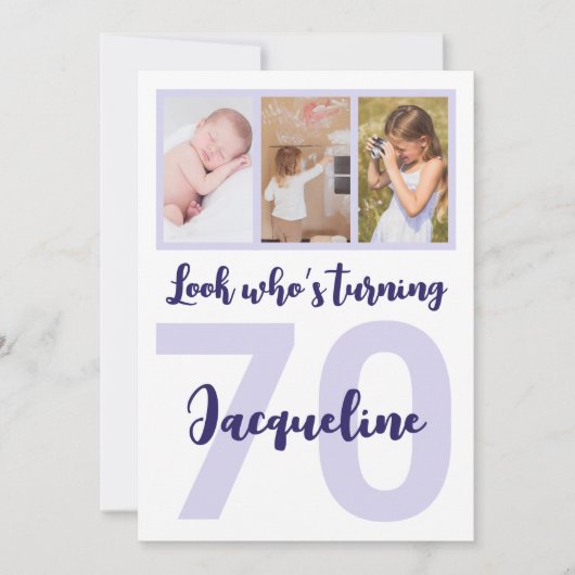Aangepaste 70e Verjaardag Paarse Script Fotocollag Kaart (Voorkant)