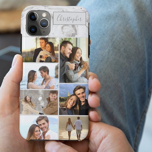 Aangepaste 7 foto collage op grijze marmer Case-Mate iPhone case