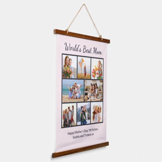 Aangepaste 7 foto collage Werelds beste moeder Hangend Wandkleed (Gebogen)