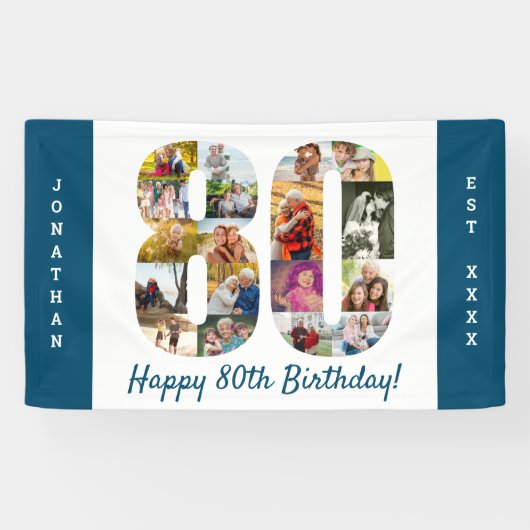 Aangepaste 80e verjaardag Foto-collage Spandoek (Horizontaal)