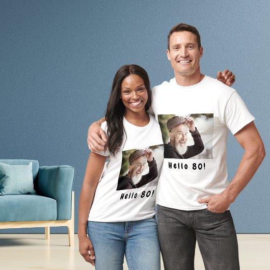 Aangepaste 80e verjaardag foto hallo 80 jongens ma t-shirt