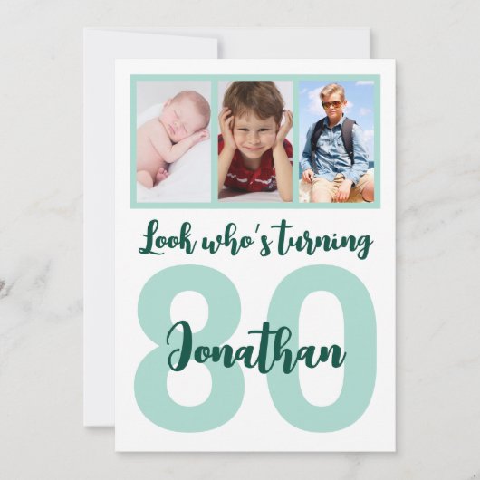 Aangepaste 80e verjaardag Groene Script Fotocollag Kaart (Voorkant)