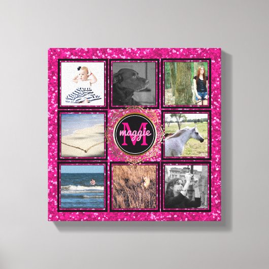 Aangepaste 8 Vierkante Fotocollage Girly Roze Mono Canvas Afdruk (Voorkant)