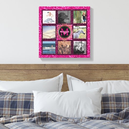 Aangepaste 8 Vierkante Fotocollage Girly Roze Mono Canvas Afdruk (Insitu (Slaapkamer))