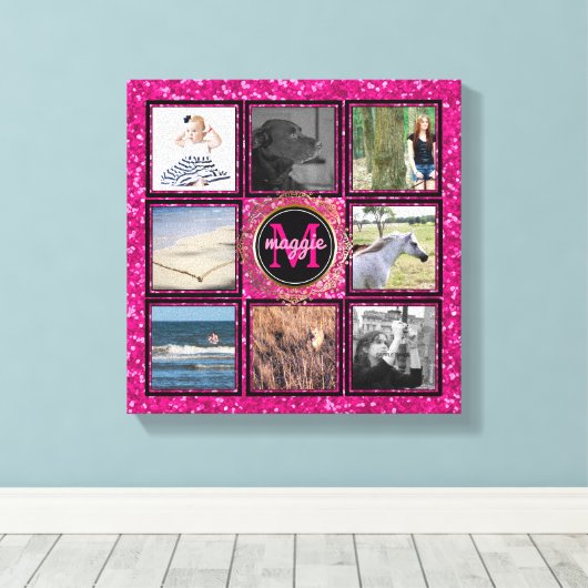 Aangepaste 8 Vierkante Fotocollage Girly Roze Mono Canvas Afdruk (Insitu (Houten vloer))