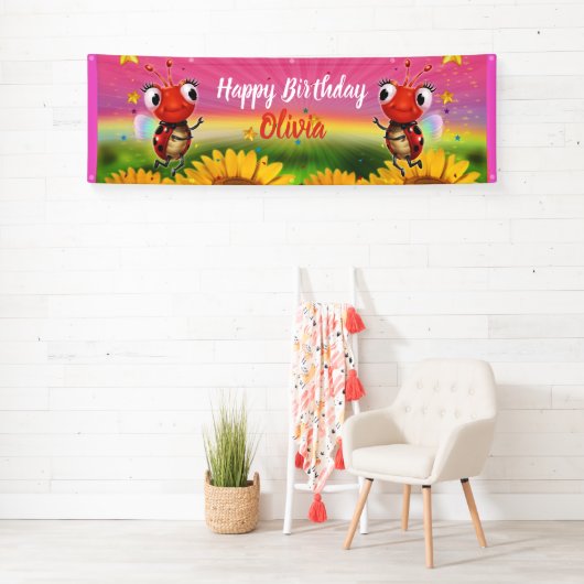 Aangepaste 8 'x 2.5' Ladybug Verjaardag vinyl Bann Spandoek (Insitu)