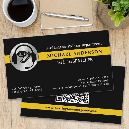 Aangepaste 911 Dispatcher Logo Thin Gold Line QR-c Visitekaartje