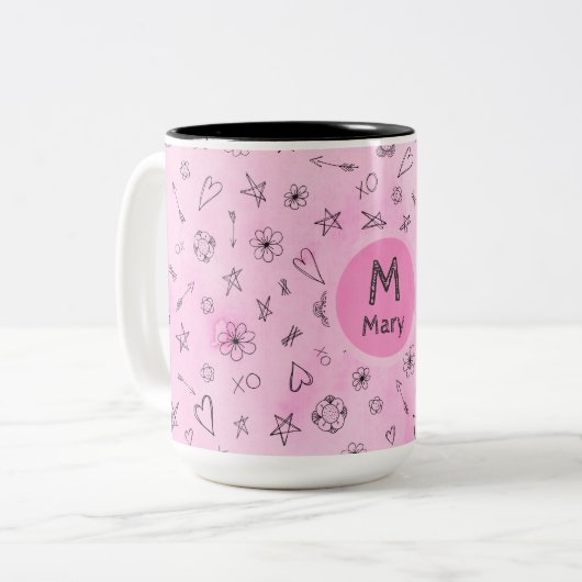 Aangepaste aangepaste naam en roze monogram Mary Tweekleurige Koffiemok (Voorkant links)