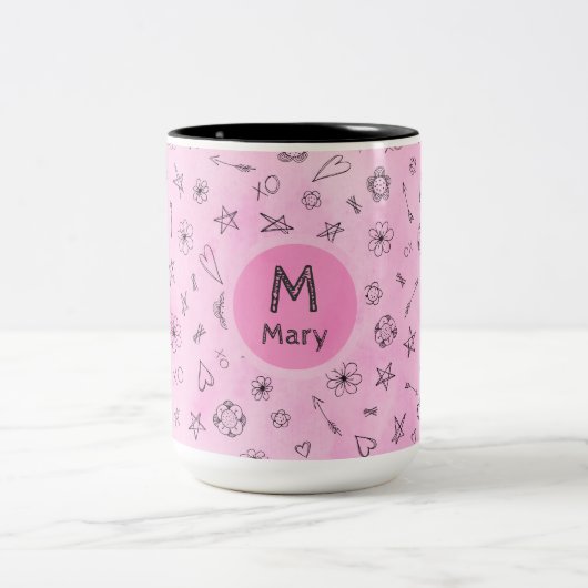 Aangepaste aangepaste naam en roze monogram Mary Tweekleurige Koffiemok (Center)