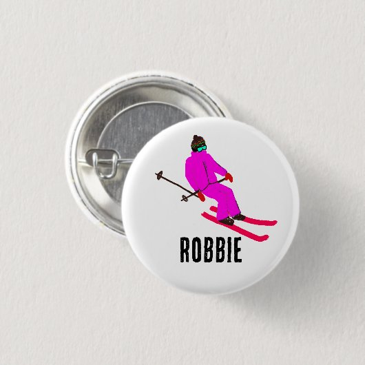 Aangepaste aangepaste naam Retro Roze Skier Girl Ronde Button 3,2 Cm (Voorkant /achterkant)