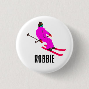 Aangepaste aangepaste naam Retro Roze Skier Girl Ronde Button 3,2 Cm