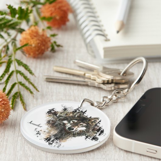 Aangepaste, aangepaste Wolf Mountain Animal kunst Sleutelhanger (Voorkant Rechts)