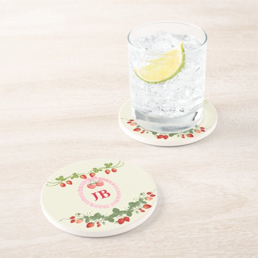 Aangepaste Aardbei Monogrammed Zandsteen Onderzetter (Zijkant)