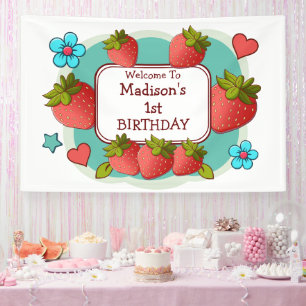 Aangepaste aardbeien verjaardagsfeestje spandoek