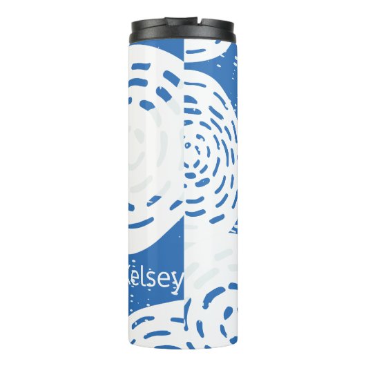 Aangepaste Abstracte blauwe en witte cirkels Thermosbeker (Achterkant)