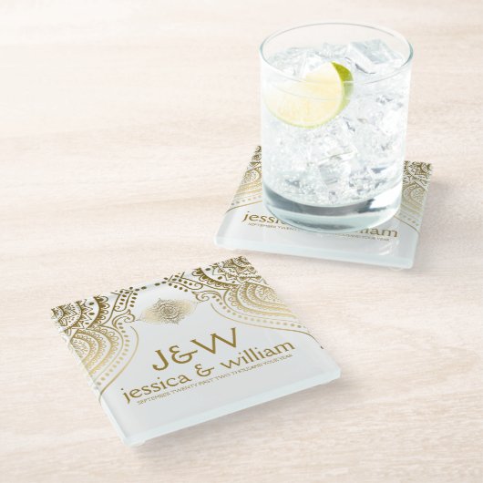 Aangepaste achtergrond voor Weddenschap Gold Lace Glazen Onderzetter (Schuin)