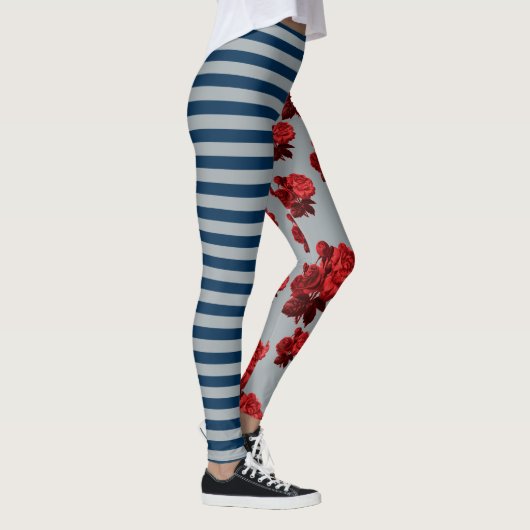 Aangepaste achtergrondkleur Blauwe Stripe Red Rose Leggings (Rechts)