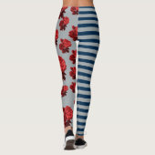 Aangepaste achtergrondkleur Blauwe Stripe Red Rose Leggings (Achterkant)