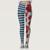 Aangepaste achtergrondkleur Blauwe Stripe Red Rose Leggings (Voorkant)