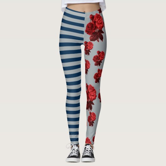 Aangepaste achtergrondkleur Blauwe Stripe Red Rose Leggings (Voorkant)