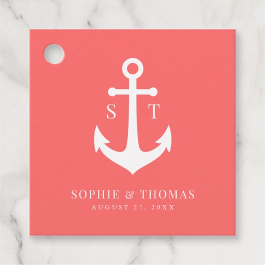 Aangepaste achtergrondkleur Monogram Anker Bruilof Bedankjes Labels (Voorkant)