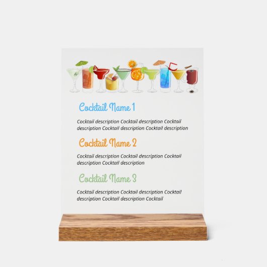 Aangepaste Acryl Bar Menu met handgetekende cockta Bord (Voorkant)