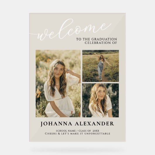 Aangepaste Acryl Modern 3 Foto's Afstuderen Welkom Acryl Bord (Voorkant)