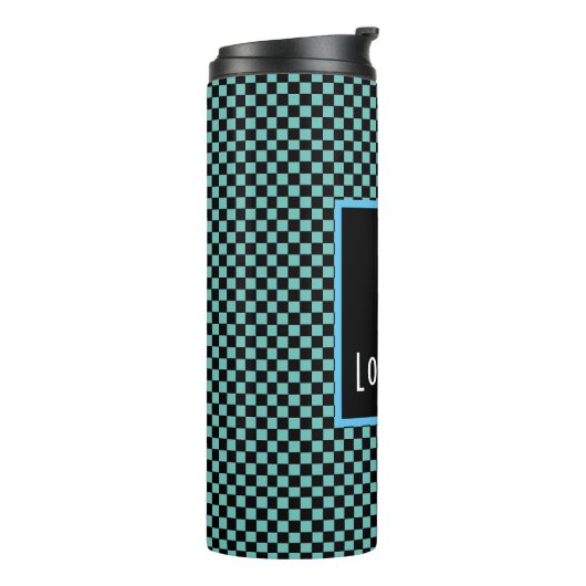 Aangepaste activering van Aqua Checkerboard Thermosbeker (Gedraaid links)