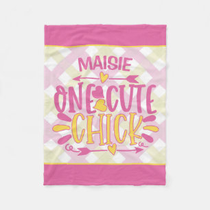 Aangepaste ADD NAAM Eén Cute Chick Pink Yellow Fleece Deken