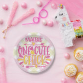 Aangepaste ADD NAAM Eén Cute Chick Pink Yellow Papieren Bordje (Feest)
