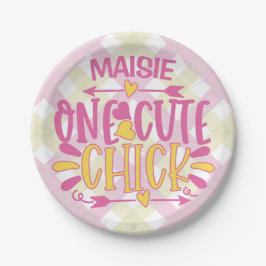 Aangepaste ADD NAAM Eén Cute Chick Pink Yellow Papieren Bordje