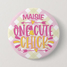 Aangepaste ADD NAAM Eén Cute Chick Pink Yellow Ronde Button 7,6 Cm
