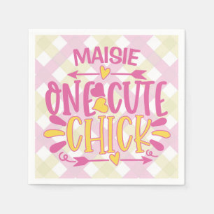 Aangepaste ADD NAAM Eén Cute Chick Pink Yellow Servet