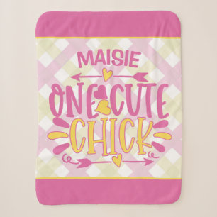 Aangepaste ADD NAAM Eén Cute Chick Pink Yellow Sherpa Deken
