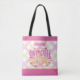 Aangepaste ADD NAAM Eén Cute Chick Pink Yellow Tote Bag
