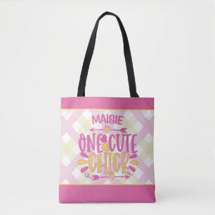 Aangepaste ADD NAAM Eén Cute Chick Pink Yellow Tote Bag