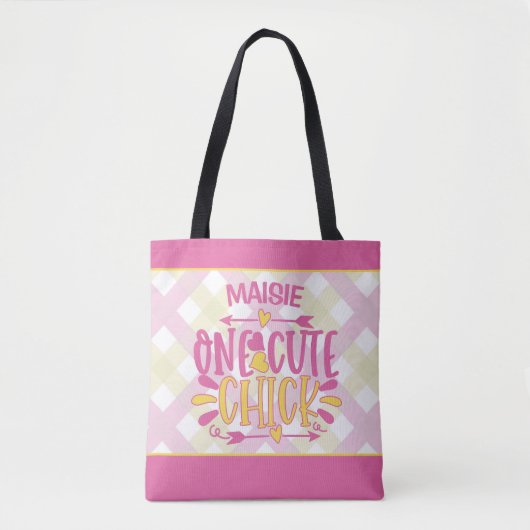 Aangepaste ADD NAAM Eén Cute Chick Pink Yellow Tote Bag (Voorkant)