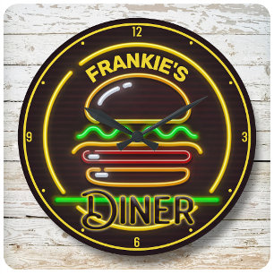 Aangepaste ADD NAAM Retro Faux Neon Burger Diner Ronde Klok