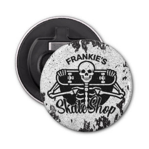 Aangepaste ADD NAAM Skull Skateboard Schaats Winke Button Flesopener