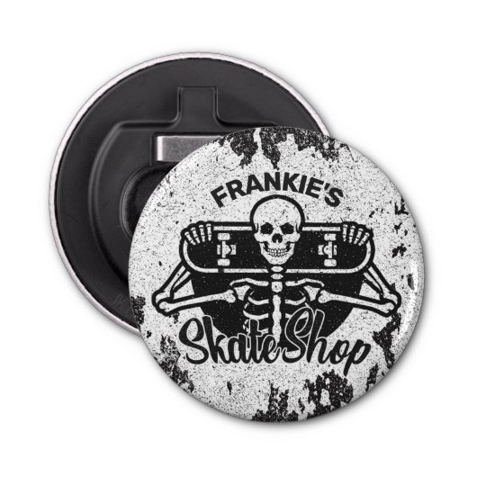 Aangepaste ADD NAAM Skull Skateboard Schaats Winke Button Flesopener (Voorkant)