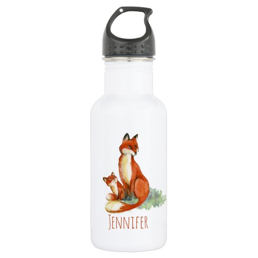 Aangepaste afbeelding Momma Fox en Baby Waterverf Waterfles (Voorkant)